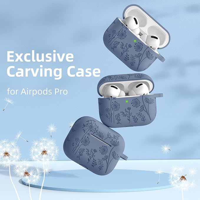 Lerobo Flower Engraved Cover for Airpod Pro Case 2nd 1st Generation Cute, Full Protective Soft Silicone Case Compatible with Apple AirPod Pro/AirPods Pro 2 Case USB C, Front LED Visible, Lavender Gray