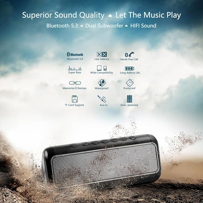 Solar Bluetooth Speaker Portable Wireless, 50H Playtime with HD Stereo Sound,5000mAh Can Charge Cell Phone,BT5.3,Outdoor Waterproof IPX6,TWS Pairing/AUX/TF play for Camping/Beach/Party/travel/Cycling