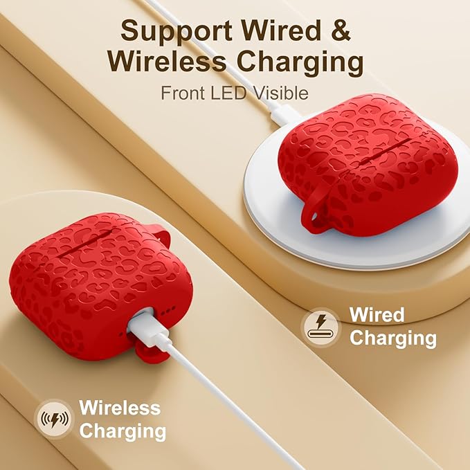 Leopard Engraved for AirPods 4 Case Cover 2024,Soft Silicone Protective Case Compatible with Apple AirPods 4th Generation Case for Women,Cute AirPod 4 Case Accessories with Keychain (Red)
