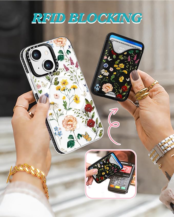Toycamp for iPhone 14 Case, for iPhone 13 Case - Compatible with Magsafe Credit Card Holder Wallet Magnetic Cute Women Teen Girls Kawaii Girly Unique Flower Floral Design Phone Cover for iPhone 14/13
