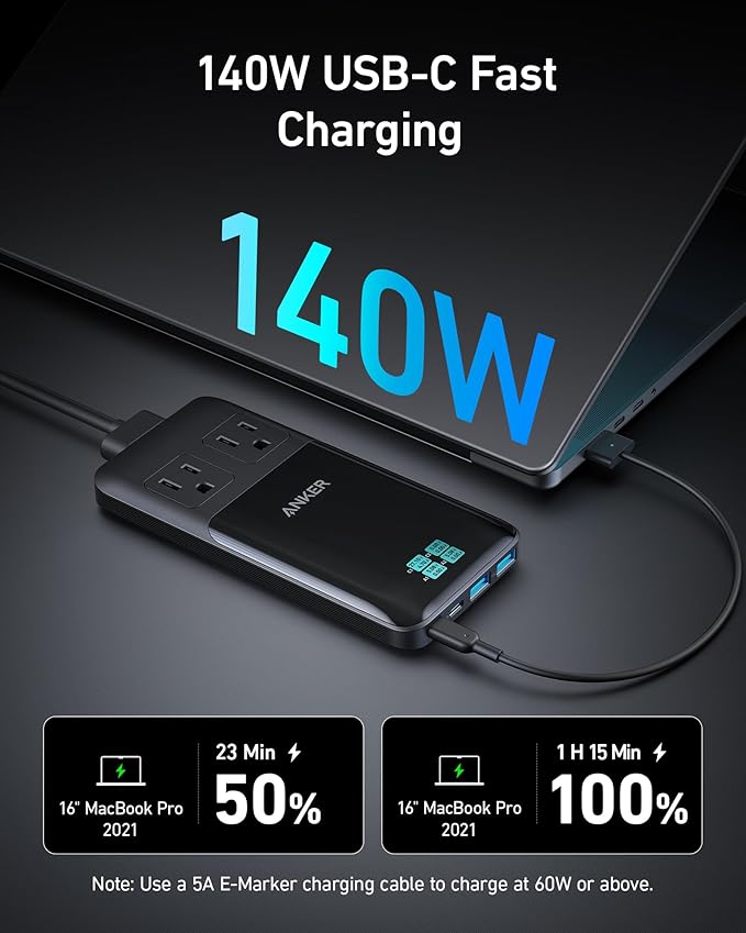 140W 6-in-1 Travel Charging Station Power Strip with USB-C and USB-A Ports