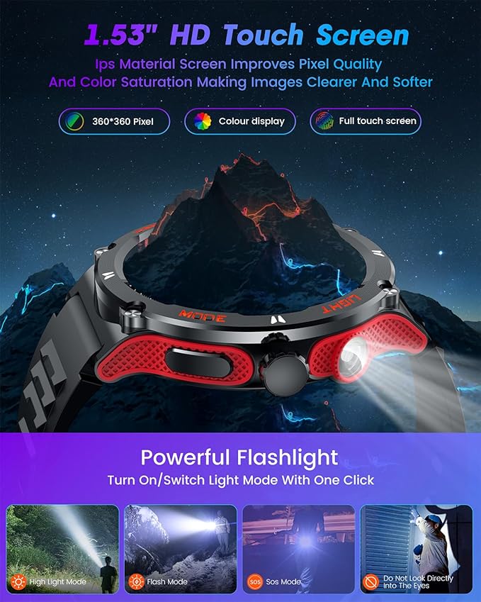 Smartwatch for Men Android Fitness Tracker: 1.53" Military Smart Watch with Flashlight Compass Make Answer Bluetooth Call Android iPhone Compatible 3ATM Waterproof Sport Watch Sleep Heart Rate Monitor