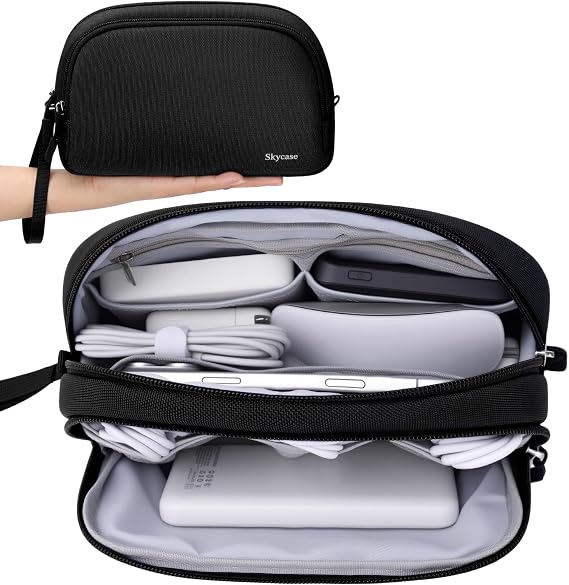 Skycase Electronics Travel Organizer 9 Compartment Dual Layer Tech Pouch Lightweight Water Resistant Travel Cable Organizer Bag for Chargers Cords Phone Power Bank Tech Essentials and Daily Items