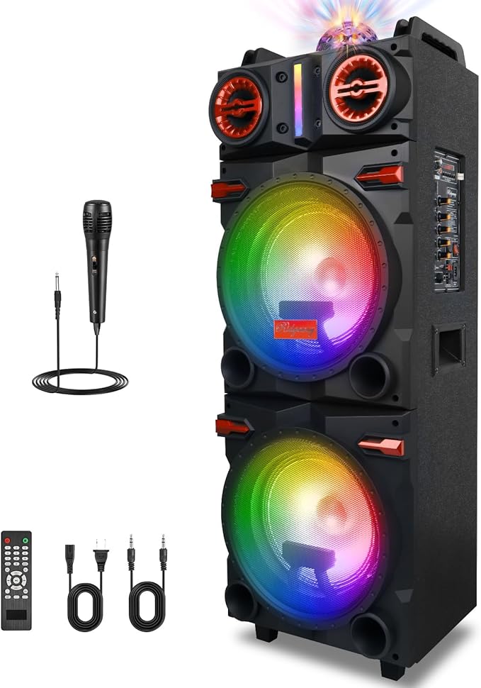 Portable Party Wireless Bluetooth Speaker with Dual 10" Subwoofer, 80W Rechargeable PA System with Bass/Treble, Wired Microphone, Flashing Light, TWS, FM, REC, Telescopic Pull Rod, Wheels