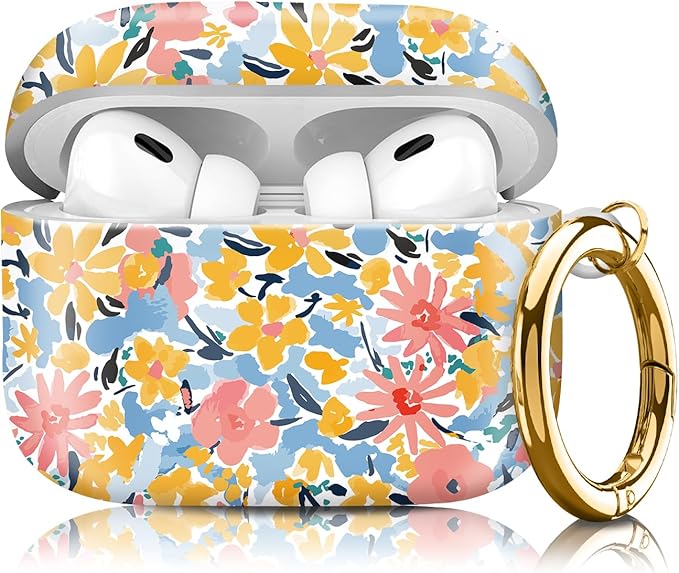 Compatible with Airpod pro 2nd/1st Generation Case Cover with Gold Round Keychain Cute Pattern Hard & Anti Slip Cover for Men Women & Girls（Comic Flowers）