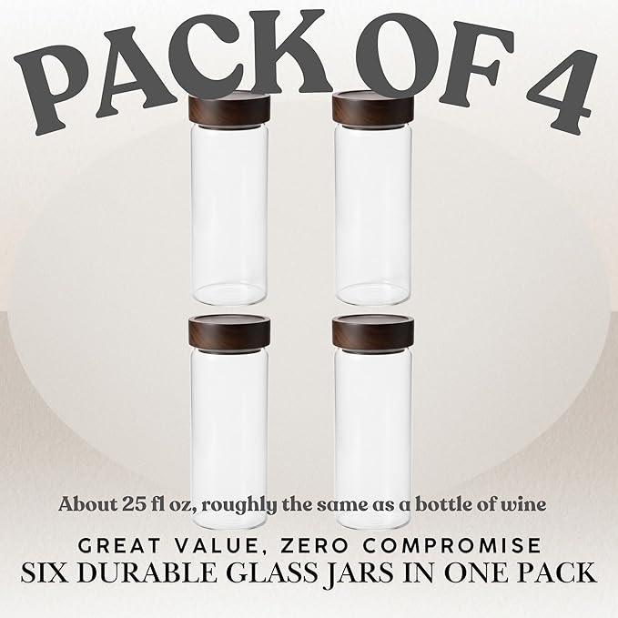Wide Mouth Glass Storage Jars With 3" Acacia Wood Lids - 4 Pack of 25.3 Oz Airtight Food Storage Containers - Borosilicate Glass Canisters for Kitchen - Pantry Organizers Storage for Rice Coffee