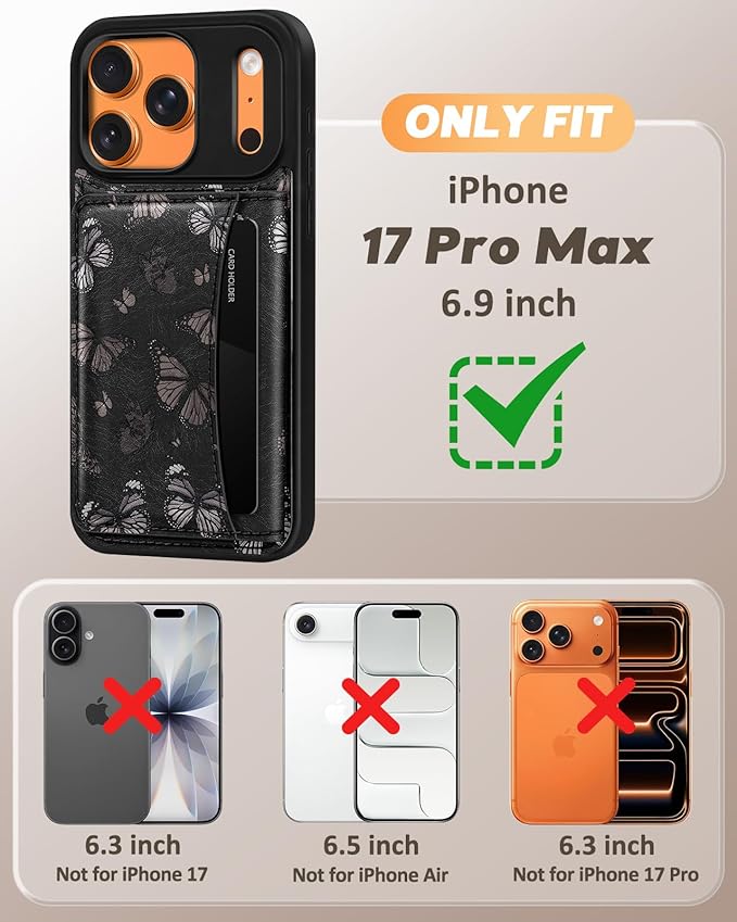 for iPhone 17 Pro Max Case with Wallet - Fits 4 Card Slots, Compatible with MagSafe for Women Aesthetic PU Leather Credit Card Holder Kickstand Phone Cover for Apple 17 Promax, Black Butterfly