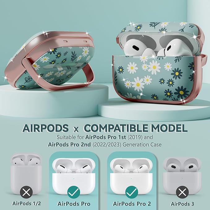 Inesore for AirPods Pro 2nd Generation Case Cover with Lock, Flowers Cute Air Pods Pro 2 Case Hard iPod Pro Cases for Women Girls with Cleaner Kit (2023 USB-C /2022/2019) - Green Daisy