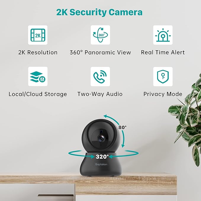 Septekon 2K Home Security Cameras for Baby Monitor, 360° Pet Indoor Camera, 2.4GHz WiFi with Night Vision, Motion Detection, Cloud & SD Card Storage, Compatible with Alexa, Black