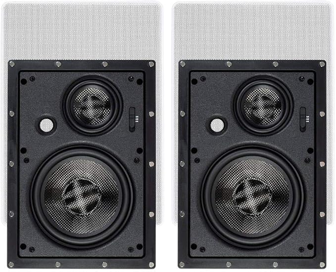 Monoprice 3-Way Carbon Fiber In-Wall Speakers - 6.5-Inch, Pair, With Magnetic Grille, Black - Alpha Series