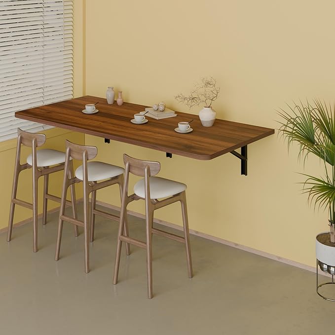 IAE 55" x 22" Floating Foldable Desk,Wall-Mounted Folding Computer Table with Engineered Wood,Study Table with Shelf Brackets,Fold Down Shelf,Fold Computer Desk for Small Spaces,Holds 500 lb,Brown