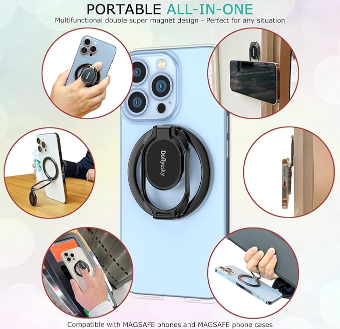 Magnetic Phone Grip Holder Kickstand, Gym Double Adjustable Finger Ring Grip and Stand, Compatible with PopSockets MagSafe Ring Removable for iPhone (Silver)