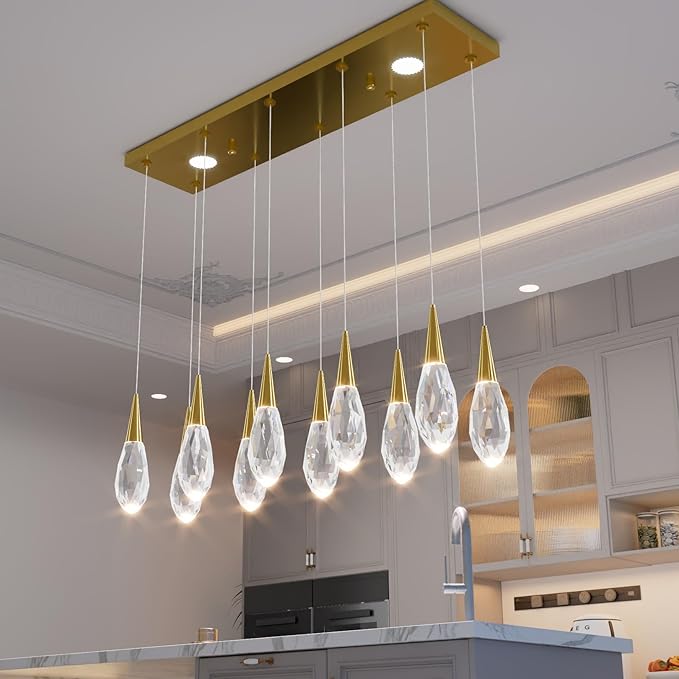 10-Lights Modern Rectangular Chandelier LED Gold Rectangular Pendant Light Fixture Raindrop Chandelier for Dinning Room Staircase Living Room Foyer
