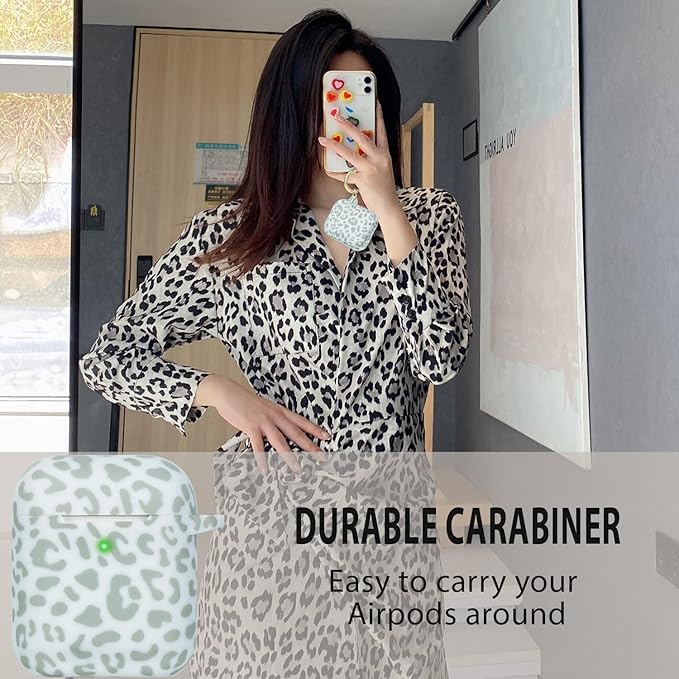 Leopard Silicone Compatible with Airpods Case, Gawnock Soft Cover Flexible Compatible with Airpods 2nd/1st Generation Floral Print Cover for Women Girls with Keychain - Light Green Leopard Cheetah
