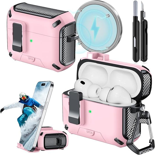 for AirPods Pro 3 Case (2025) with Phone Stand,（with Automatic Snap Switch） Carbon Fiber Design Protection Cover with Cleaning Pen,Pink