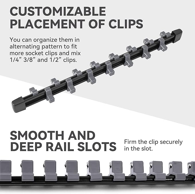 ALOANES 12PC ABS Socket Organizer, Socket Rails Fit 1/2 inch, 3/8 inch and 1/4 inch Drive, Heavy Duty Socket Holders Hold up to 172 Sockets, Black Rails with Grey Clips