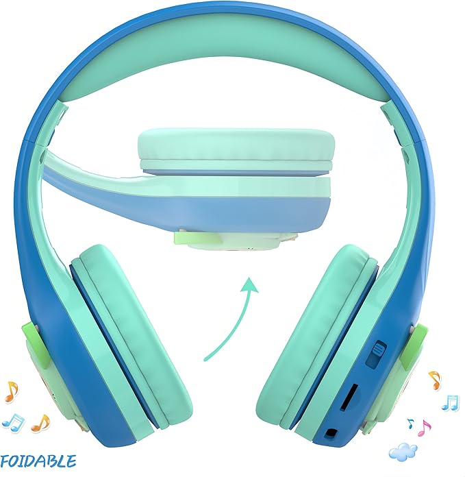 Riwbox CB-7S Kids Wireless Headphones,with Safe Volume Control 74/85/95dB,LED Glow Lights,50H Playtime,Bluetooth V5.3,Built-in Mic, TF Card Slot,for Travel/School/Phone/Laptop(Blue&Green)
