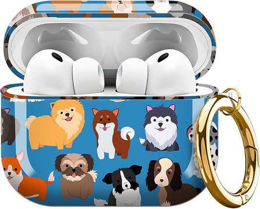 AirPod Pro 3 (2025) Case Cover for Women, Cute Shockproof TPU Protective Case with Gold Round Buckle, Anti-Drop Design Cute Blue Dog
