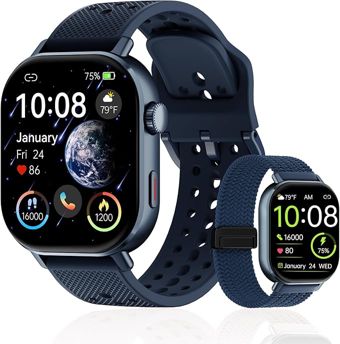 Smart Watch with 2 Bands: Step & Calorie Counter, Heart Rate & Oxygen Sensor, GPS Running, Swimming, Walking, Sports Tracker, Waterproof, Health Monitoring, Music & Call Alert Men Women iOS/Android