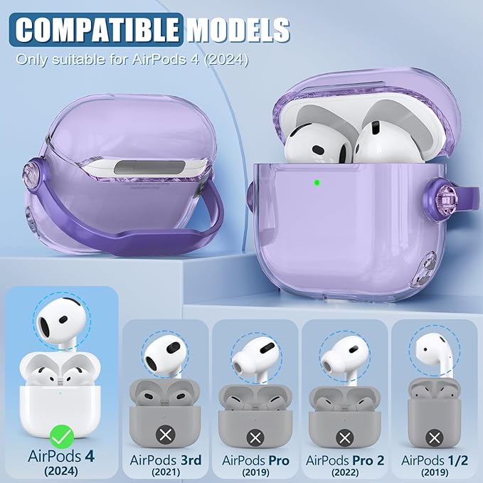 Safety Lock for Airpods 4 Case,TPU Clear Case for Apple Airpods 4 Case 2024 USB-C with Cleaner Kit, Drop Protection Airpods 4 Case Cover for Men for Women with Lock and Keychain, Clear Purple