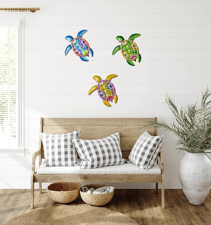 WHBIMGOOO Metal Sea Turtle Wall art Decor，Beach/Ocean/Nautical Theme Outdoor wall decor，Decorations for Garden Backyard Pool Patio Balcony Kitchen or Bathroom (3 Pack)