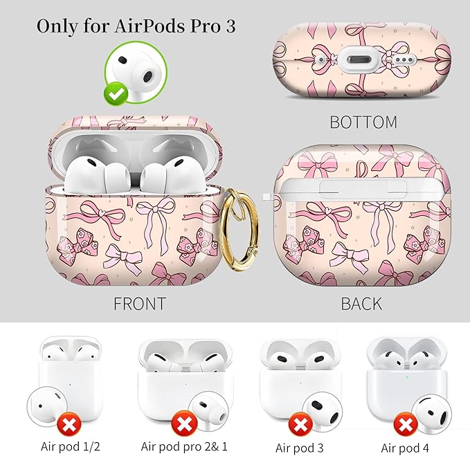 Case for AirPod Pro 3 Shock-Proof Protective Hard Case with Golden Keychain Compatible with Apple Airpods Pro 3rd Generation 2025 (Beige Pink Bow)