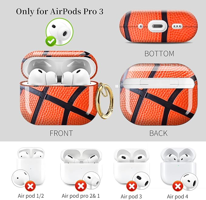 for AirPods Pro 3 Case, Compatible with AirPods Pro 3rd Generation Case (2025), Shockproof Protective Cover with Golden Carabine (Basket Ball Skin)