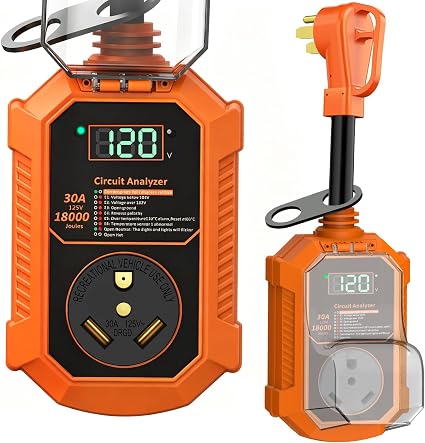 30 Amp RV Surge Protector, 𝟐𝟎𝟐𝟔 𝐍𝐄𝐖 18000J RV Circuit Analyzer with Real-Time LED Display, Voltage Monitoring IP68 RV Adapter Plug with Waterproof Cover for Camper Travel Trailer