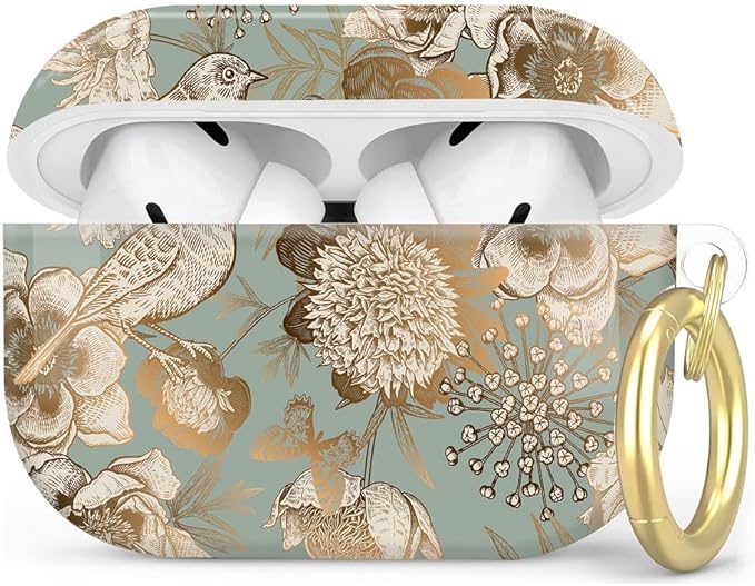 Compatible with AirPod Pro 2nd/1st Generation Case Cover with Key Chain,Full Protective Shockproof Wireless Headphone Case for Airpod Pro 2023/2022/2019(Golden Retro Flower and Bird)