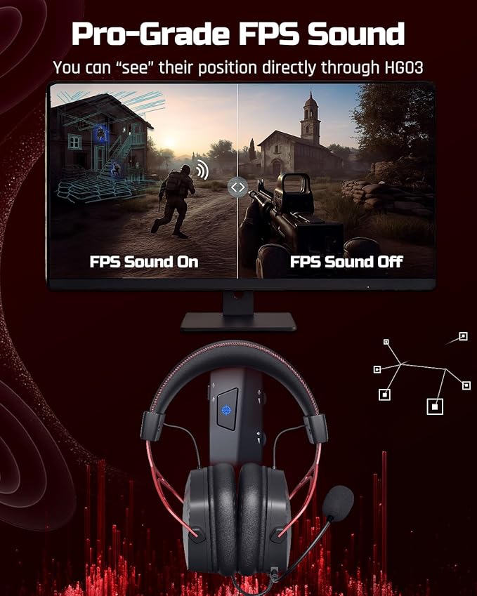NUBWO HG03 USB-A Gaming Headset with 7.1 Surround and FPS Sound, Wired Headphones with Noise Canceling Mic, Comfortable Design for PC, Laptop - Black Red