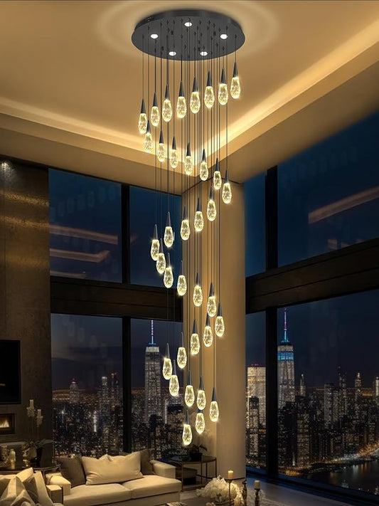 H 177" Moderm Extra Large Chandelier 36-Lights Foyer Chandelier for High Ceiling Crystal Pendant Light Fixture Raindrop Chandeliers for Staircase Villa Living Room (Black