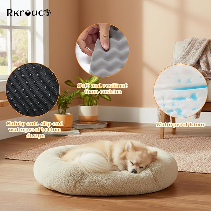 Fluffy Dog Bed Calming Donut Beds for Large Dogs Warming Round Small Medium Pet Nest Cozy Cat Mattress Indoor Washable Puppy Kennel Kittens Sleep Mat (S, 23.6×23.6 inch, Khaki)