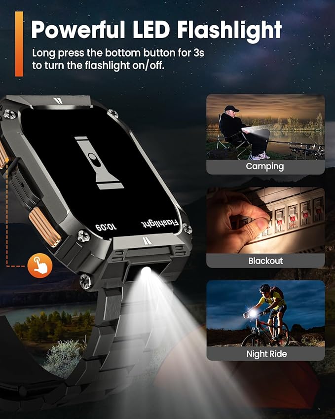 Smart Watches for Men, 1.95'' Fitness Watch: Military Smart Watch with 100 Days Battery Life/Call/Flashlight, Waterproof Sport Smartwatch for Android iPhone Sleep/SpO2/Heart Rate Monitor/Step Tracker