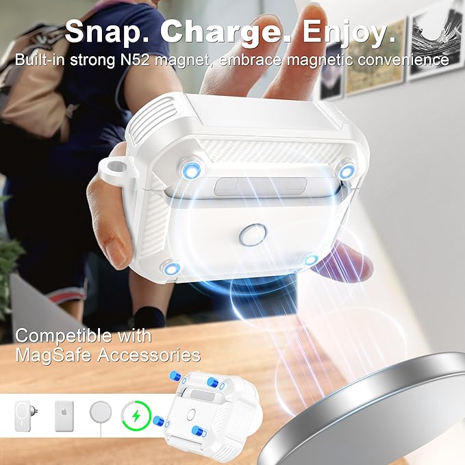 RFUNGUANGO Compatible with Airpods Pro Case 2nd / 1st Generation Protective Case, Compatible with MagSafe, with Cleaning Kit & Keychain,Phone Stand,Magnetic Automatic Lock, Visible LED, White-Blue