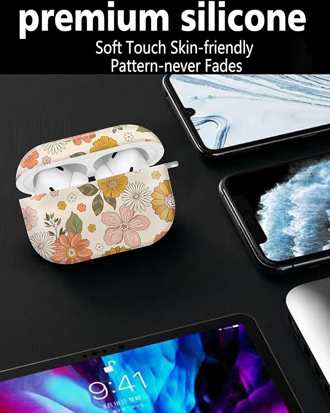 Cute Hard Case Compatible with AirPods Pro 2nd/1st Generation, Protective Cover with Golden Keychain, Fits 2023/2022/2019 Models, for Women, Girls, and Men(Groovy Retro Boho Flower
