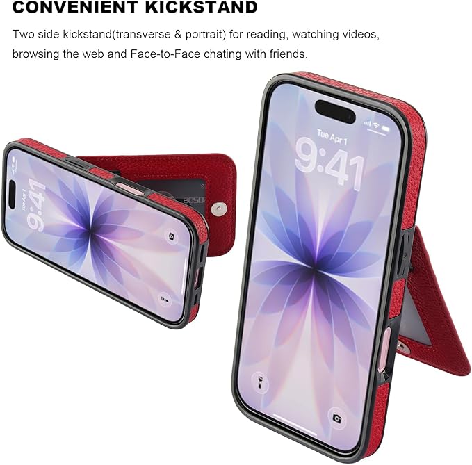 KIHUWEY Compatible with iPhone 17 Case Wallet with Credit Card Holder, Flip Premium Leather Magnetic Clasp Kickstand Heavy Duty Protective Cover for iPhone 17 6.3 Inch (Lichee Red)