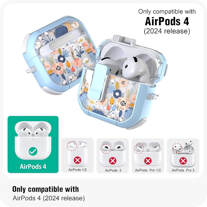 WENEW Case for AirPods 4th Case Cover Secure Lock Automatic Snap Switch Clip Cleaner Kit Lanyard Women Stylish Flower Armour Hard Shell Full Body Front LED Visible (Blue, AirPods 4)