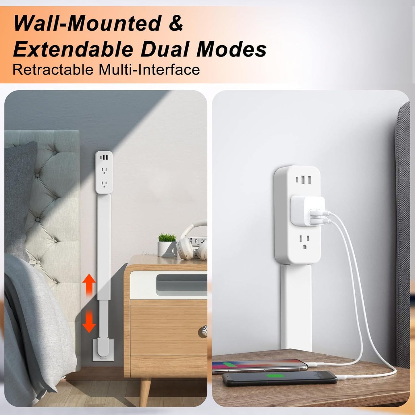 Extendable Outlet Extender 22"-34" – 180° Rotating, 2 AC + USB-A + USB-C Ports
