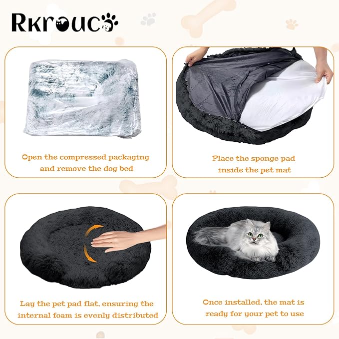 Fluffy Dog Bed Calming Donut Beds for Large Dogs Warming Round Small Medium Pet Nest Cozy Cat Mattress Indoor Washable Puppy Kennel Kittens Sleep Mat (XL, 43.3×43.3 inch, Dark Gray)