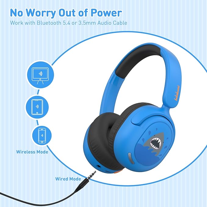 Kids Bluetooth Headphones, Wireless Headphones for Kids, 75/85/94dB Volume Limited, Built-in Mic, Fast Charging, Over-Ear Shark Childrens Boys Teens Headset for School/Tablet/Pad/Travel