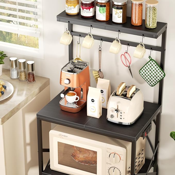 Kitchen Bakers Rack with Power Outlet, Coffee Bar Table 4 Tiers, Microwave Stand with 8 Hooks, Coffee Station and Organizer, Kitchen Storage Shelves Rack for Spices, Pots, Black
