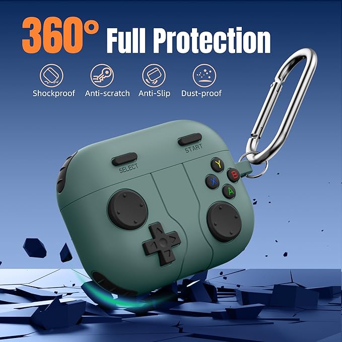 Getino Game Case for AirPods Pro 3 Case 2025, Shockproof Silicone Cover for Apple AirPods Pro 3 – with Cleaner Kit & Keychain, Classic Funny Durable Protective Case for Men Boy–Pine Green