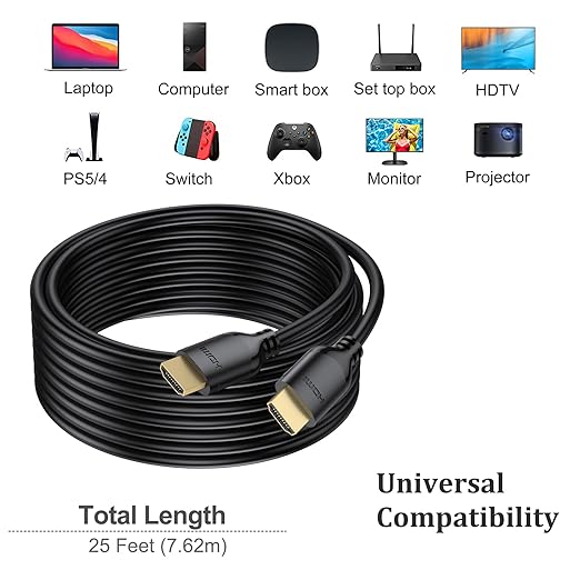Long HDMI Cable 25 FT 2-Pack, 4K HDMI Cable 25 Feet High Speed HDMI Cord 2.0 4K@60Hz, 2K 1440P@144Hz, 1080P, HDCP 2.2, HDR, 3D, ARC & Ethernet for HDTV, Laptop, Monitor, PS5, PS4, Xbox