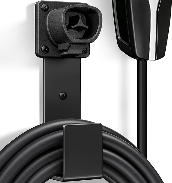 EV Charger Holder - Tesla Connector, Nozzle Holster Dock and J-Hook Combination, EV Cable Holder Wall-Mount Electric Vehicle Charger