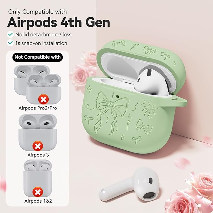 for Airpods 4 Case Cover, Joremx Cute Bow Engraved Silicone Protective Case Cover with Keychain, Cleaner Kit for AirPods 4th Generation Case 2024 (Cream Green)