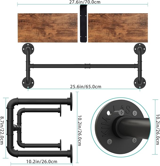 Yawinhe Industrial Pipe Clothes Rack with Top Shelf, Wall Mounted, Space Saving Hanger with 4 Bases, for Shops, Homes, 27.5''Lx10.2''Wx10.2''H, Rustic Brown, 1-Pack