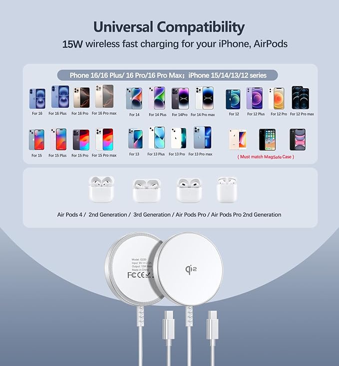 Magnetic Wireless Charger, Qi2 Certified for MagSafe Charger 2 Pack 15W Wireless Fast Charging Pad for iPhone 16/15/14/13/12 Series & AirPods 3/2/Pro Magnetic MagSafe Charging Pad with Dual Ports