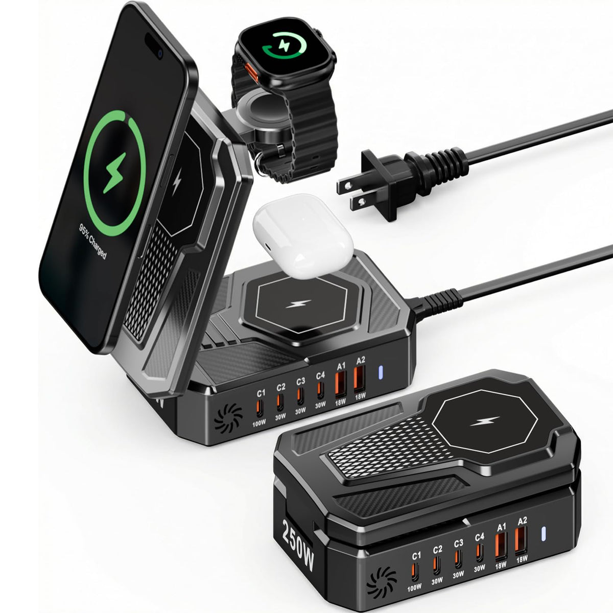 250W Foldable Wireless Charging Station for Multiple Devices Apple,