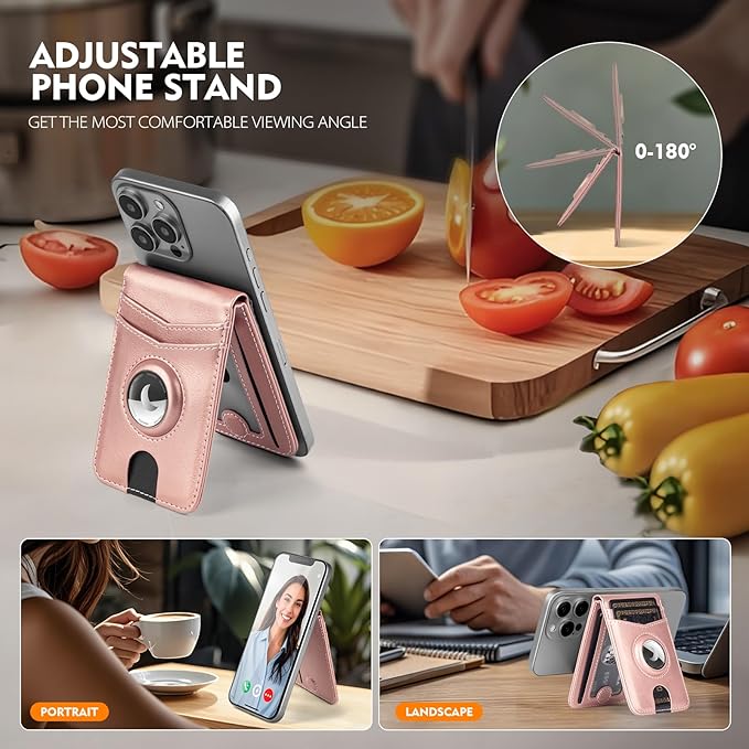 Compatible with Magsafe Case with RFID Blocking Card Holder AirTag pocket for iPhone 17/16/15/14/13/12 Pro/Pro Max/PlusSeries,Not Fit iPhone Mini,Rose Gold