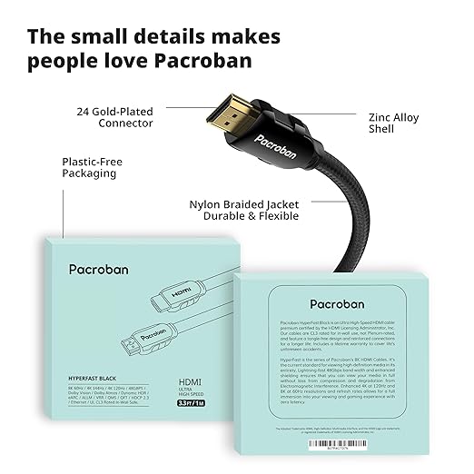 Pacroban HDMI Cable for Laptop to Monitor 3 Foot - Ultra High Speed Certified HDMI 2.1 Cord, Braided, eARC, 48Gbps, 8K 60Hz, 4K 120Hz/Fps DTS:X, HDR, HDCP, Hyperfast Black